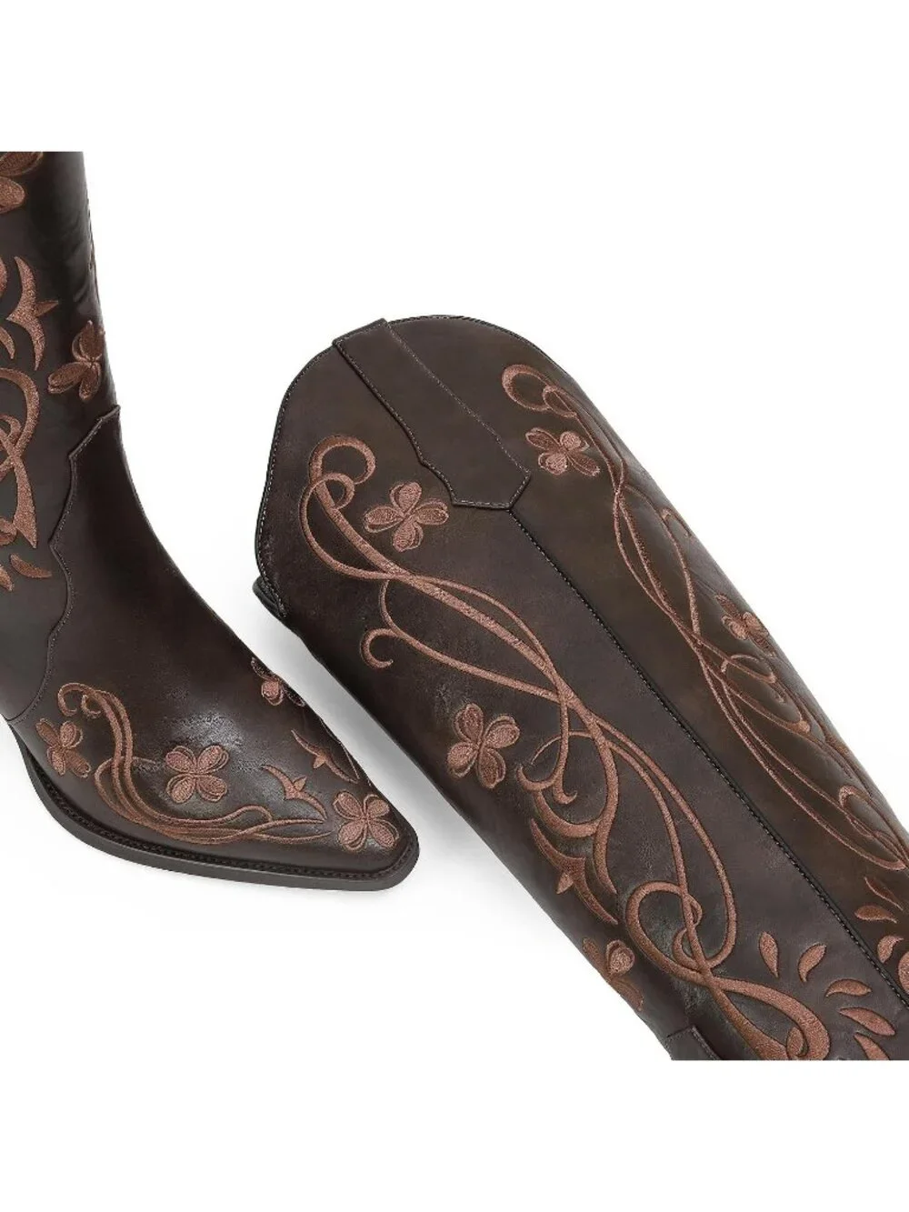 Women's Dark Brown pu Knee High Floral Embroidered Vintage Cowgirl Boots